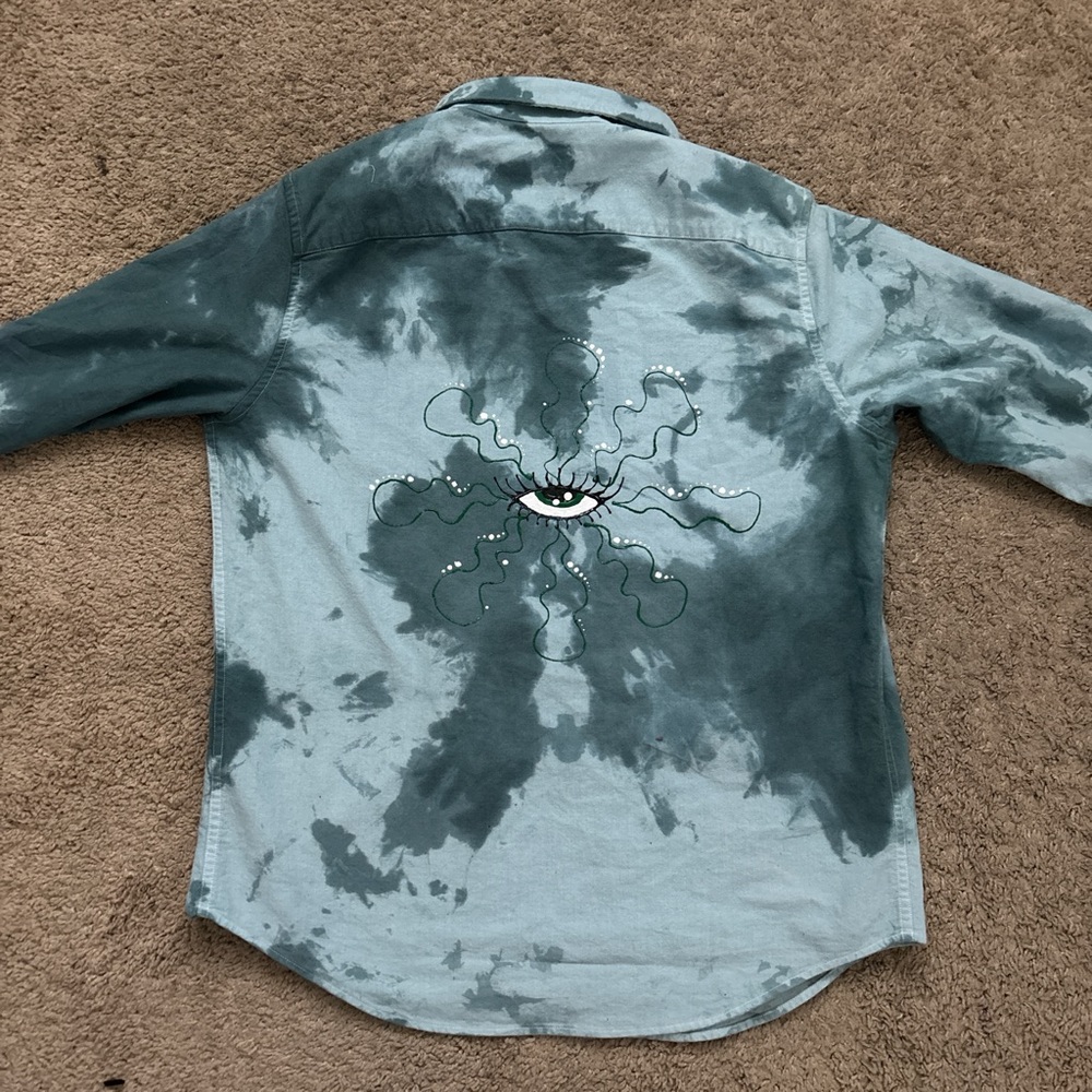Tie-Dye Button Up Collared Shirt with Flower Power Eye Design